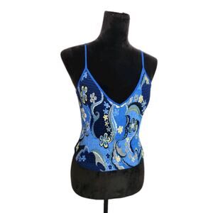 Far Away Y2K Blue Floral Smocked Tank Top Crossback Stretch Fairycore M